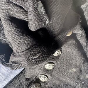 Balmain Black Knit Cardigan with Silver Accents. 6 hefty shoulder metal buttons